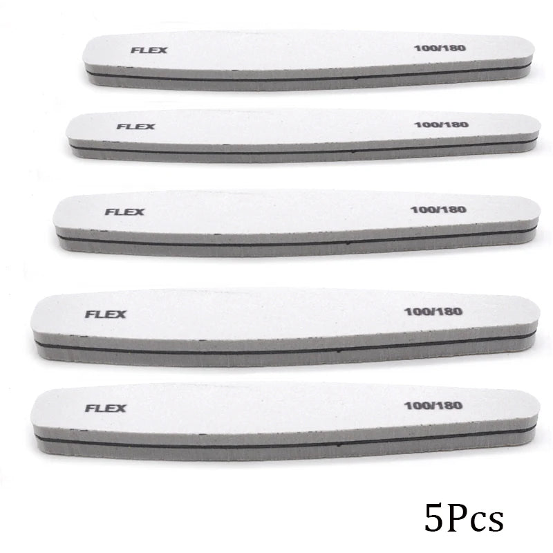 Set of 3, 5, or 10 curved (banana-style) nail files in gray and black; sponge-style, with grits ranging from coarse (100) to fine (280), suitable for manicures, pedicures, and prep for gel polish and artificial nails.