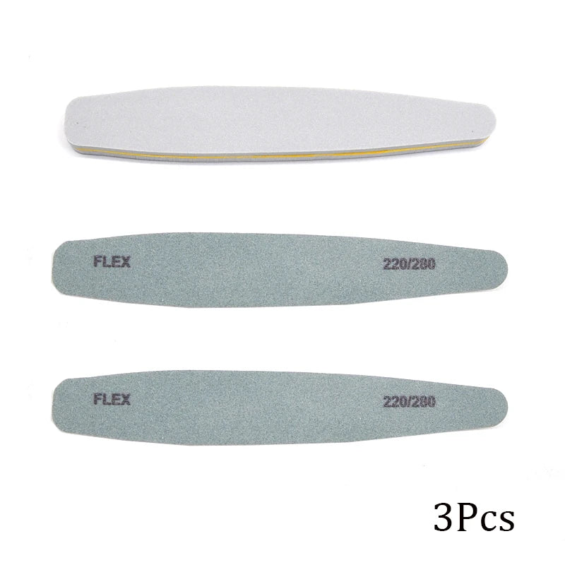 Set of 3, 5, or 10 curved (banana-style) nail files in gray and black; sponge-style, with grits ranging from coarse (100) to fine (280), suitable for manicures, pedicures, and prep for gel polish and artificial nails.