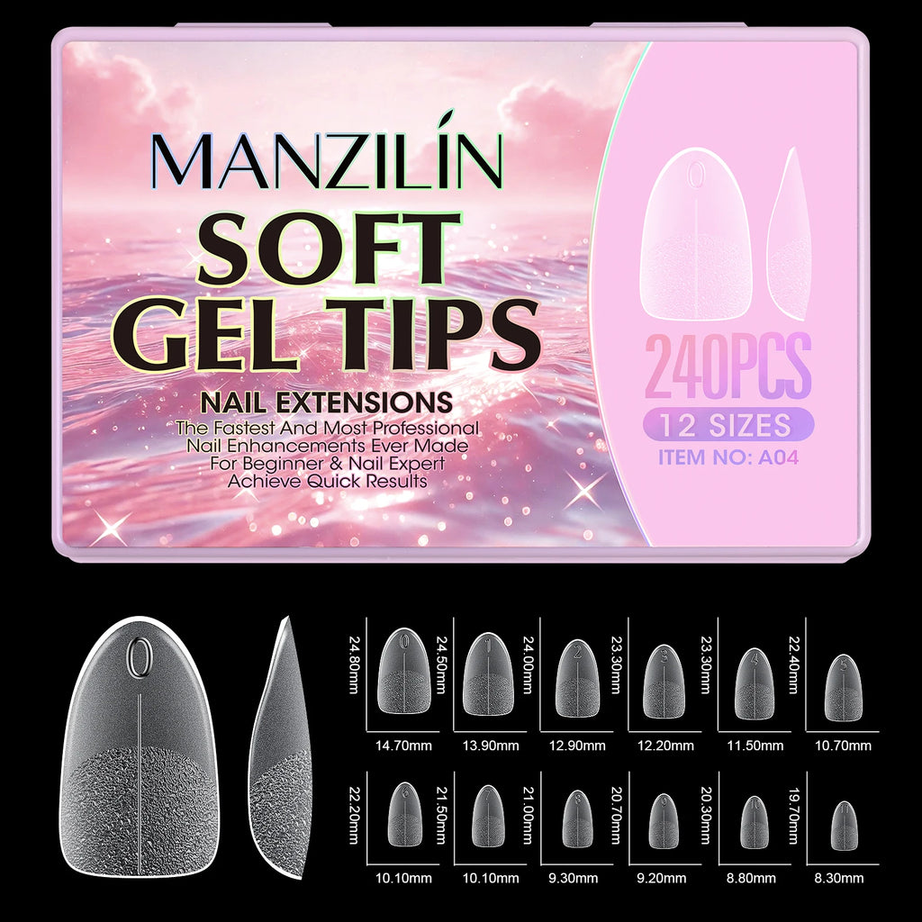 240Pcs Medium Almond Soft Gel Nail Tips Double Sided Matte Pre Etched No File Clear Full Cover Fake Nail Extensions DIY Salon
