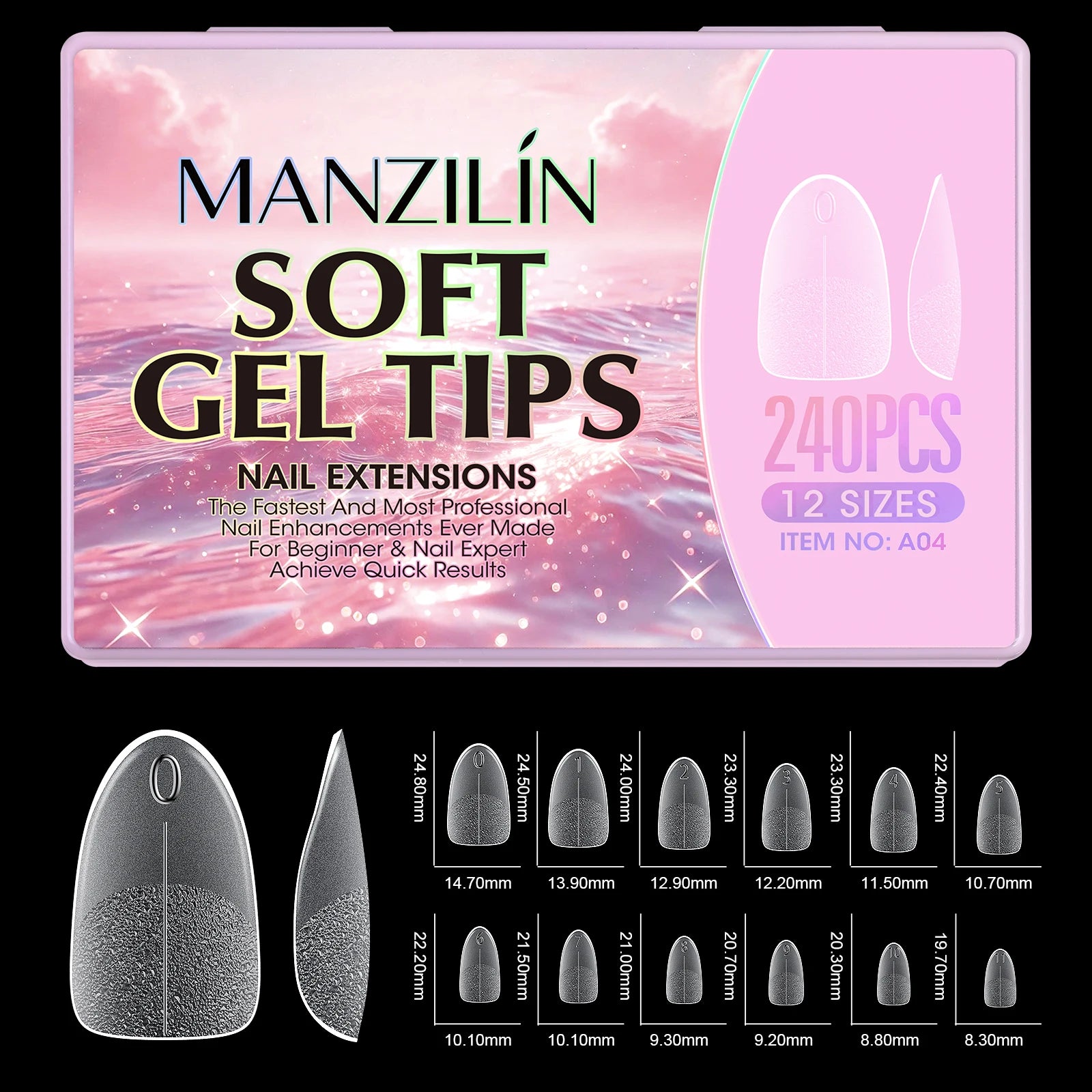240Pcs Medium Almond Soft Gel Nail Tips Double Sided Matte Pre Etched No File Clear Full Cover Fake Nail Extensions DIY Salon