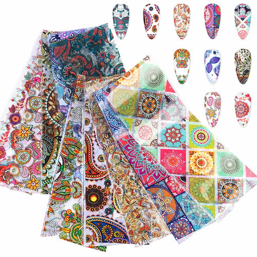 10pcs/Bag Bohemian Paisley Mandala Nail Transfer Foil Stickers Vintage Ethnic Flower Nail Art Decoration Supplies for Salon DIY