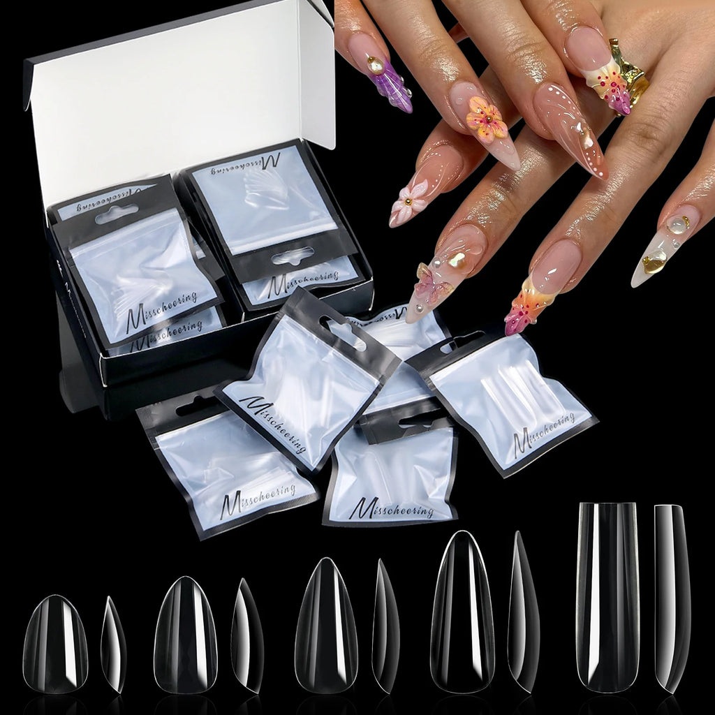 140pcs Almond Square Seamless Transparent False Nail Stickers Full Cover Nail Press Stickers Nail Acrylic Nail Salon Extension