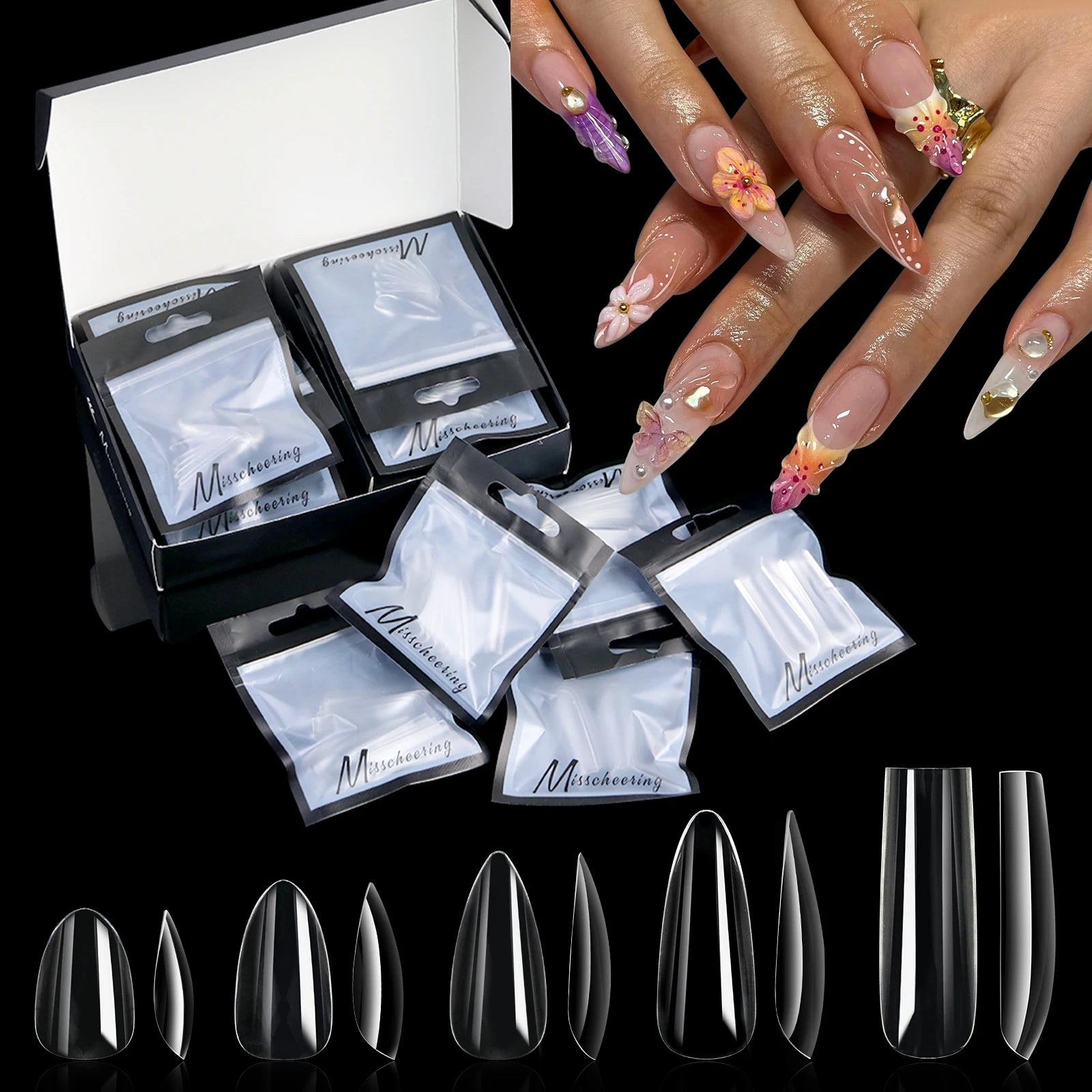 140pcs Almond Square Seamless Transparent False Nail Stickers Full Cover Nail Press Stickers Nail Acrylic Nail Salon Extension