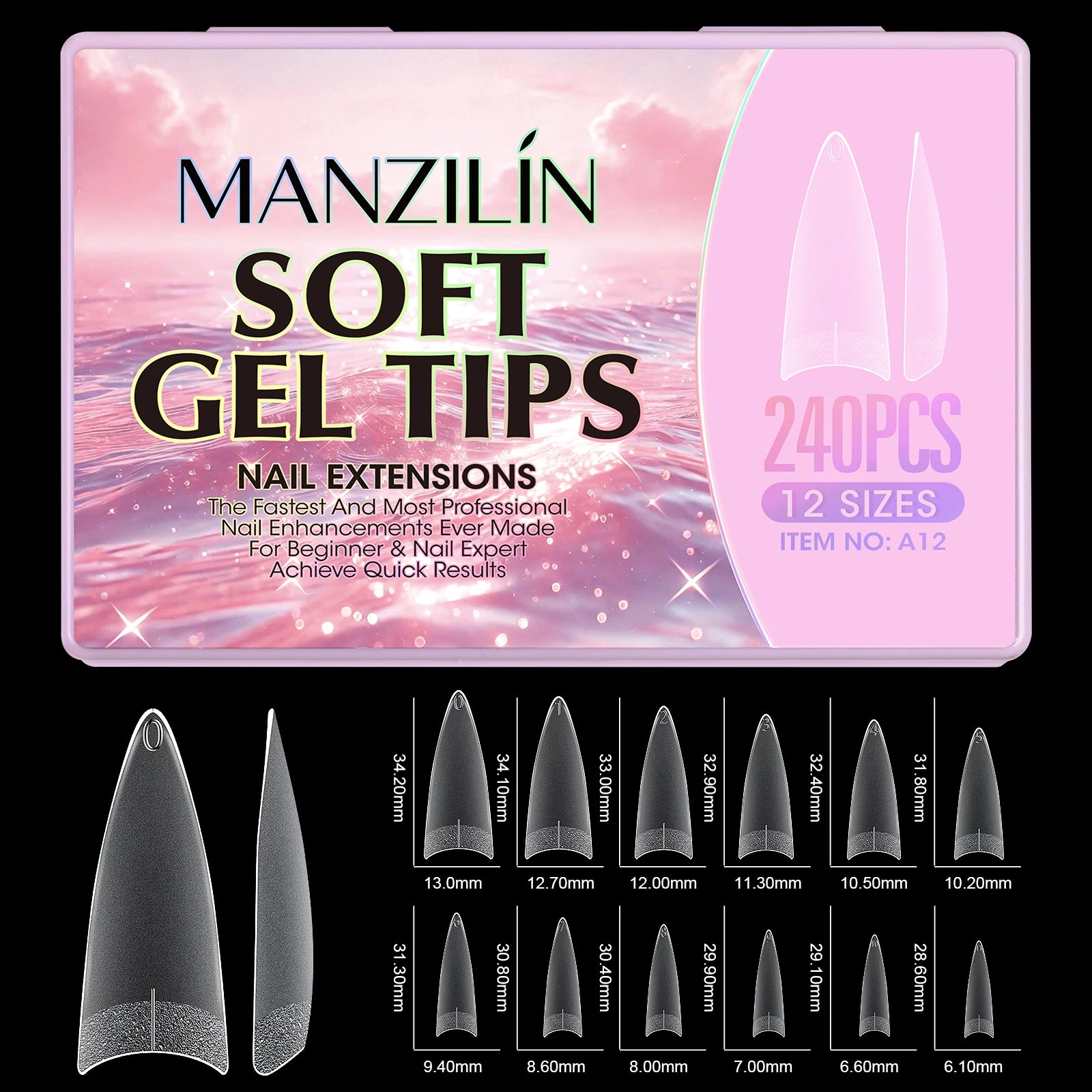 240Pcs Medium Almond Soft Gel Nail Tips Double Sided Matte Pre Etched No File Clear Full Cover Fake Nail Extensions DIY Salon