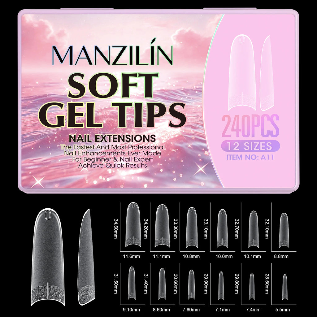 240Pcs Medium Almond Soft Gel Nail Tips Double Sided Matte Pre Etched No File Clear Full Cover Fake Nail Extensions DIY Salon