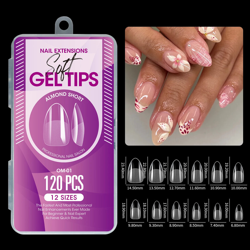 120Pcs Short Almond Soft Gel Nail Tips Pre Etched Half Matte Clear Full Cover False Acrylic Nail Extensions DIY Salon Manicure
