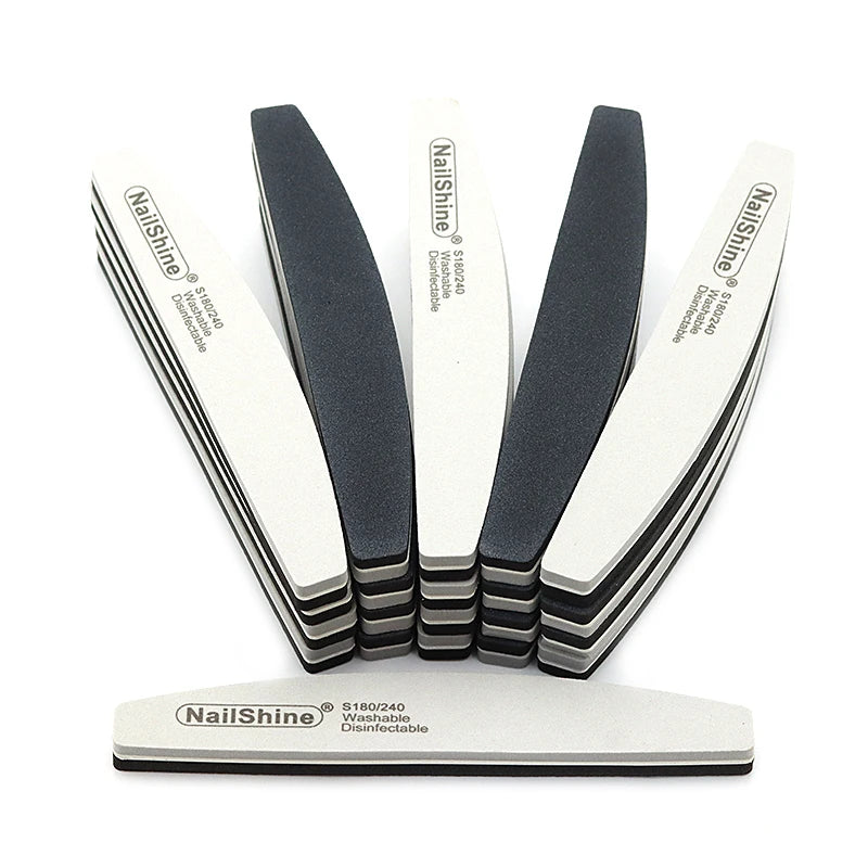 Set of 3, 5, or 10 curved (banana-style) nail files in gray and black; sponge-style, with grits ranging from coarse (100) to fine (280), suitable for manicures, pedicures, and prep for gel polish and artificial nails.