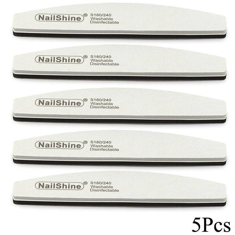 Set of 3, 5, or 10 curved (banana-style) nail files in gray and black; sponge-style, with grits ranging from coarse (100) to fine (280), suitable for manicures, pedicures, and prep for gel polish and artificial nails.