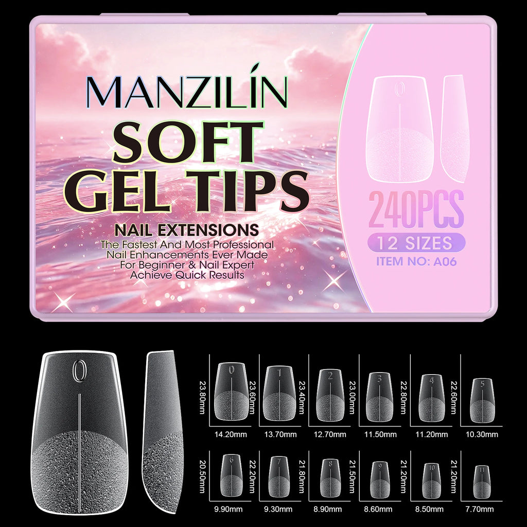 240Pcs Medium Almond Soft Gel Nail Tips Double Sided Matte Pre Etched No File Clear Full Cover Fake Nail Extensions DIY Salon