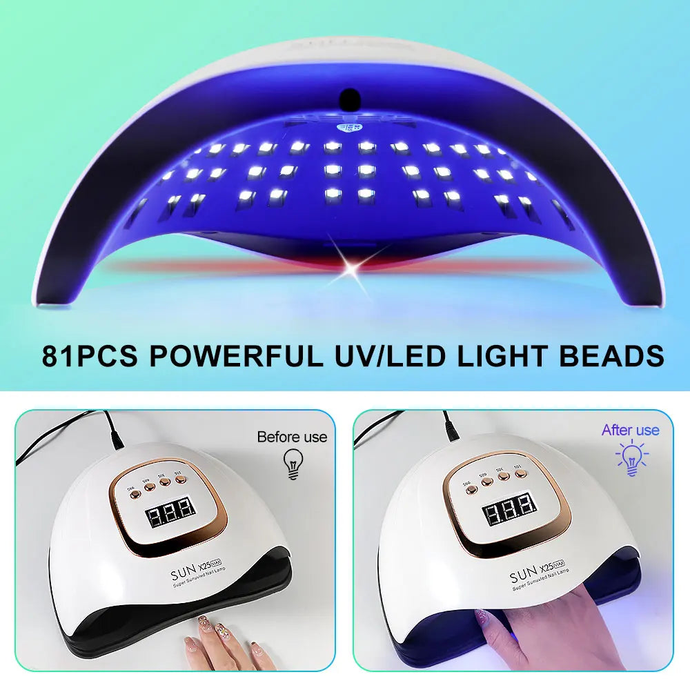 High-power UV-LED lamp with 81 LEDs for rapid nail drying and curing of all types of gel products; a high-performance professional dryer for nail extensions and salon manicures.