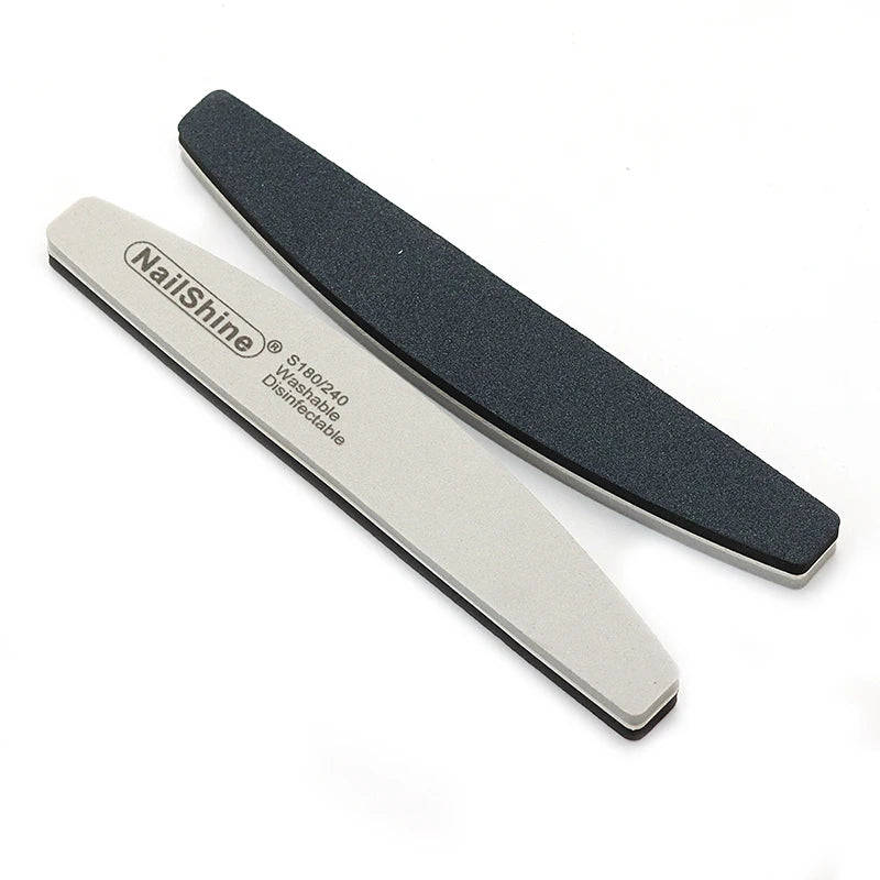 Set of 3, 5, or 10 curved (banana-style) nail files in gray and black; sponge-style, with grits ranging from coarse (100) to fine (280), suitable for manicures, pedicures, and prep for gel polish and artificial nails.