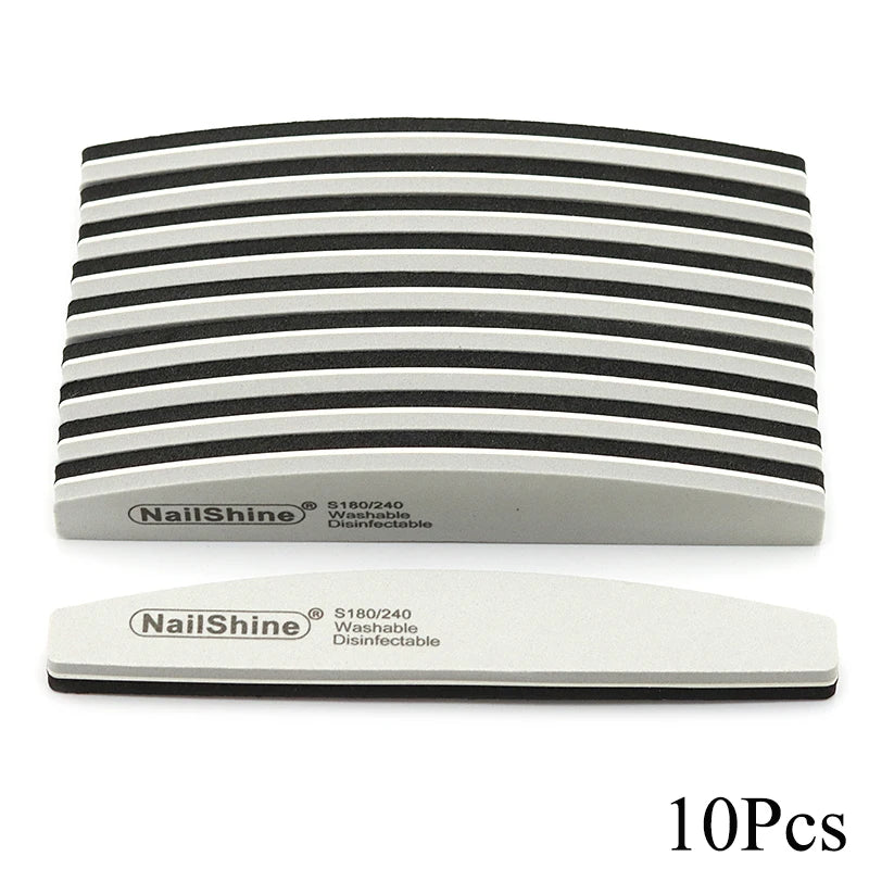 Set of 3, 5, or 10 curved (banana-style) nail files in gray and black; sponge-style, with grits ranging from coarse (100) to fine (280), suitable for manicures, pedicures, and prep for gel polish and artificial nails.