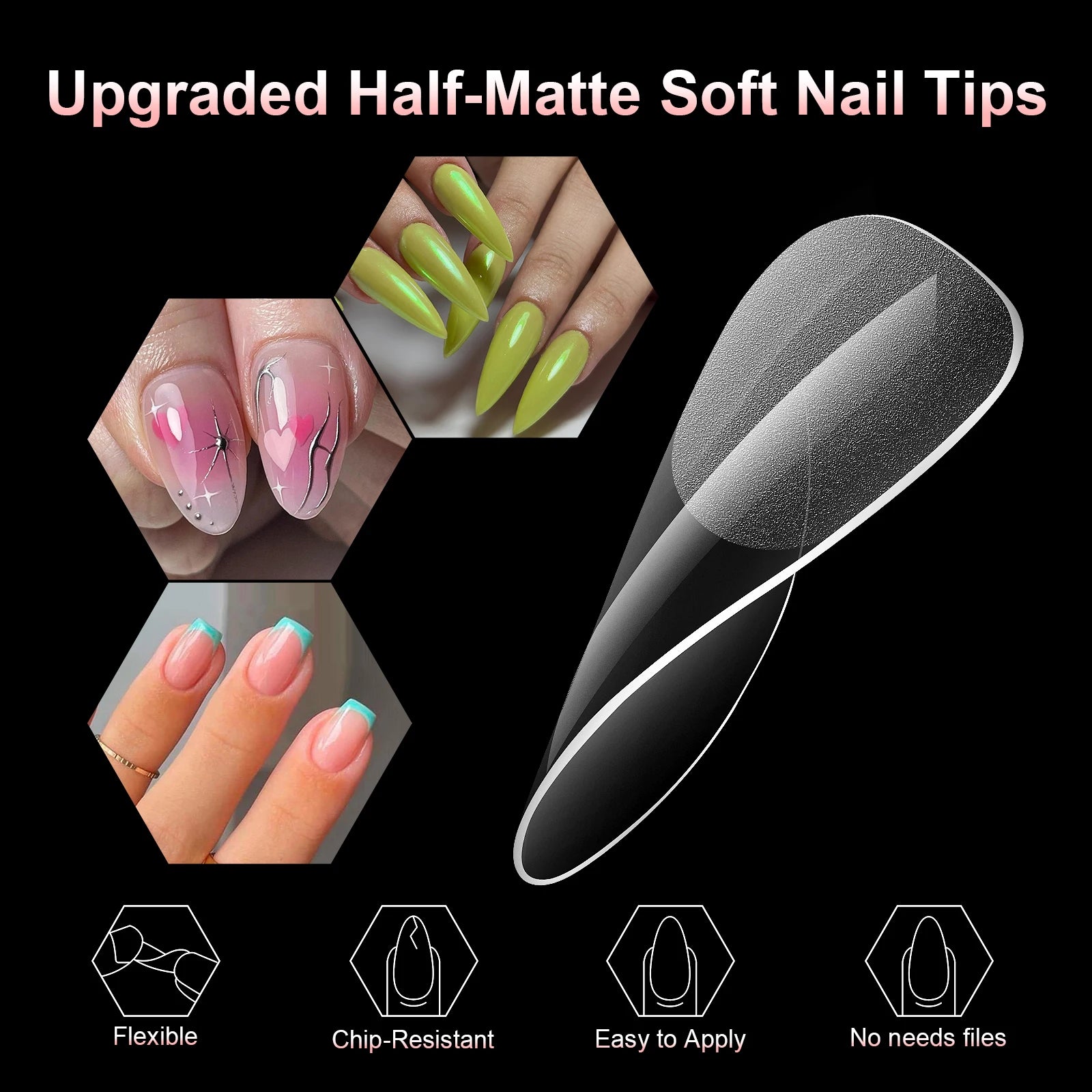 120Pcs Short Almond Soft Gel Nail Tips Pre Etched Half Matte Clear Full Cover False Acrylic Nail Extensions DIY Salon Manicure