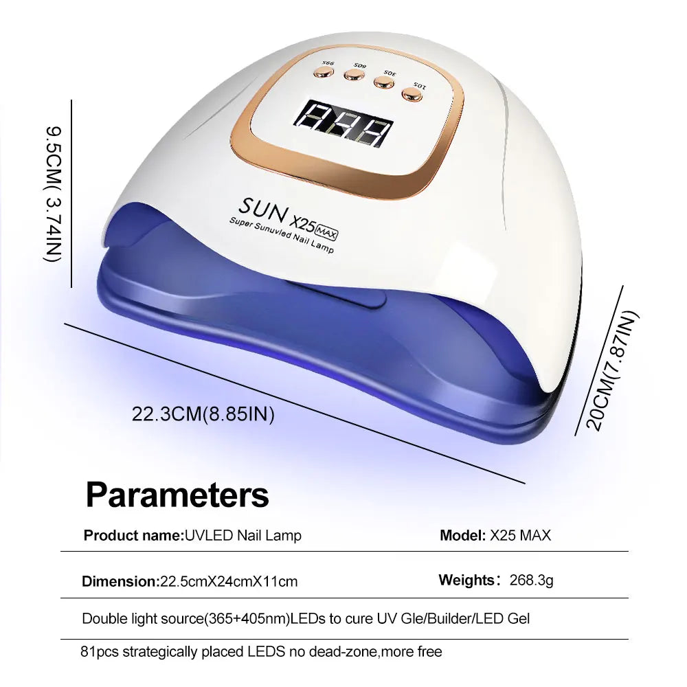 High-power UV-LED lamp with 81 LEDs for rapid nail drying and curing of all types of gel products; a high-performance professional dryer for nail extensions and salon manicures.