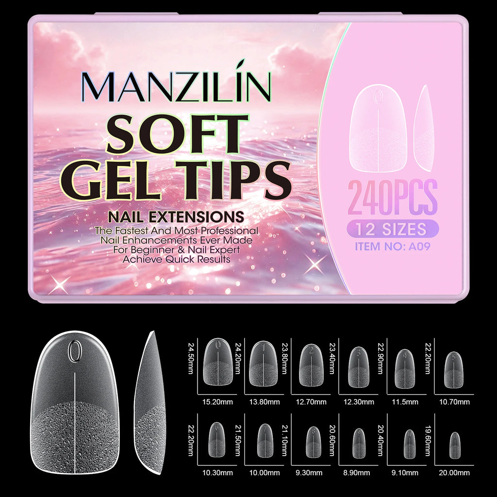 240Pcs Medium Almond Soft Gel Nail Tips Double Sided Matte Pre Etched No File Clear Full Cover Fake Nail Extensions DIY Salon