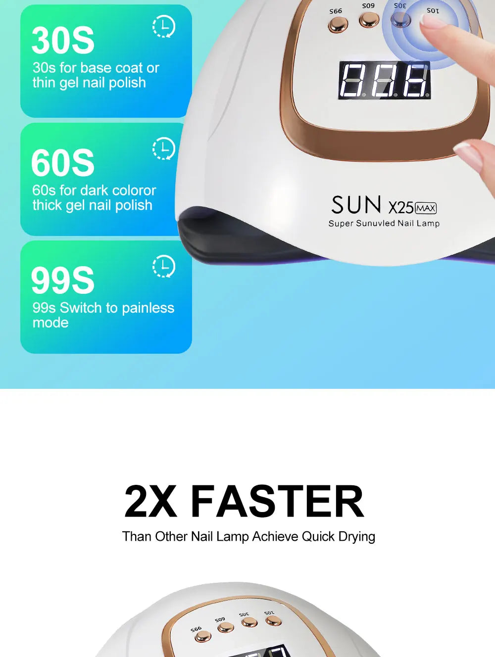 High-power UV-LED lamp with 81 LEDs for rapid nail drying and curing of all types of gel products; a high-performance professional dryer for nail extensions and salon manicures.