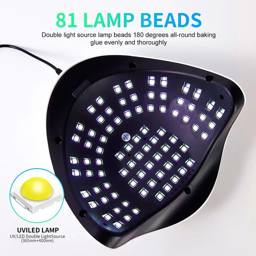 High-power UV-LED lamp with 81 LEDs for rapid nail drying and curing of all types of gel products; a high-performance professional dryer for nail extensions and salon manicures.