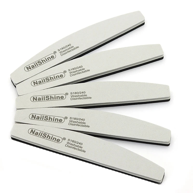 Set of 3, 5, or 10 curved (banana-style) nail files in gray and black; sponge-style, with grits ranging from coarse (100) to fine (280), suitable for manicures, pedicures, and prep for gel polish and artificial nails.