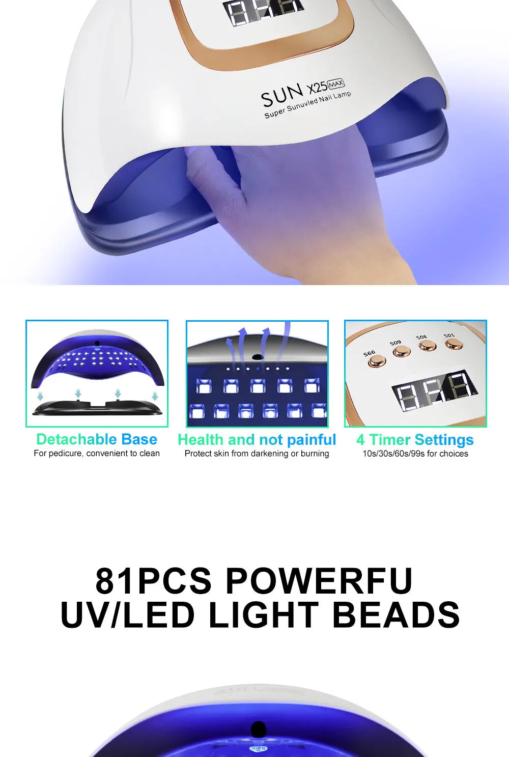 High-power UV-LED lamp with 81 LEDs for rapid nail drying and curing of all types of gel products; a high-performance professional dryer for nail extensions and salon manicures.