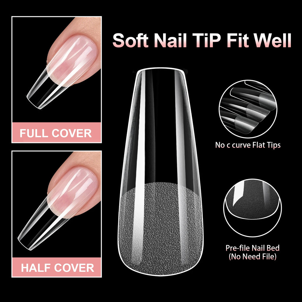 120Pcs Short Almond Soft Gel Nail Tips Pre Etched Half Matte Clear Full Cover False Acrylic Nail Extensions DIY Salon Manicure