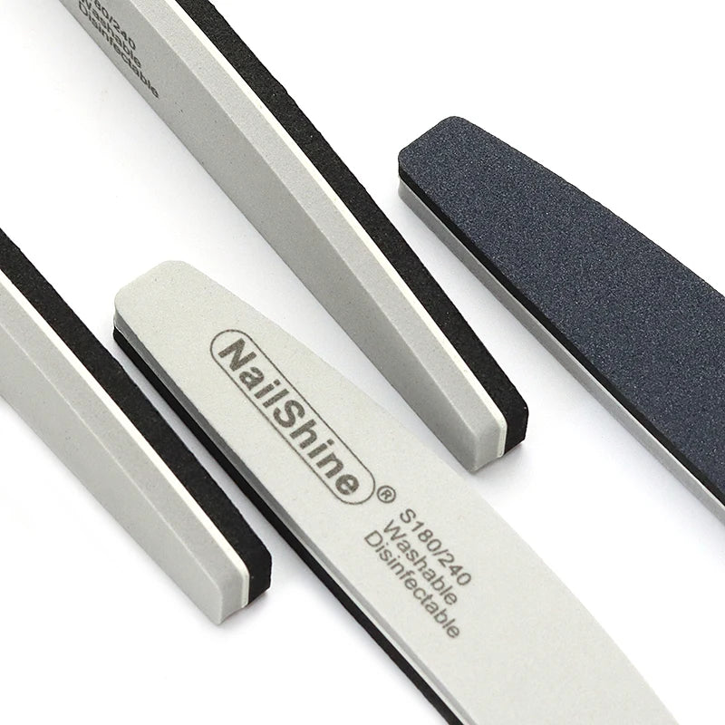 Set of 3, 5, or 10 curved (banana-style) nail files in gray and black; sponge-style, with grits ranging from coarse (100) to fine (280), suitable for manicures, pedicures, and prep for gel polish and artificial nails.