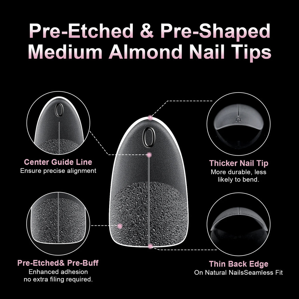 240Pcs Medium Almond Soft Gel Nail Tips Double Sided Matte Pre Etched No File Clear Full Cover Fake Nail Extensions DIY Salon