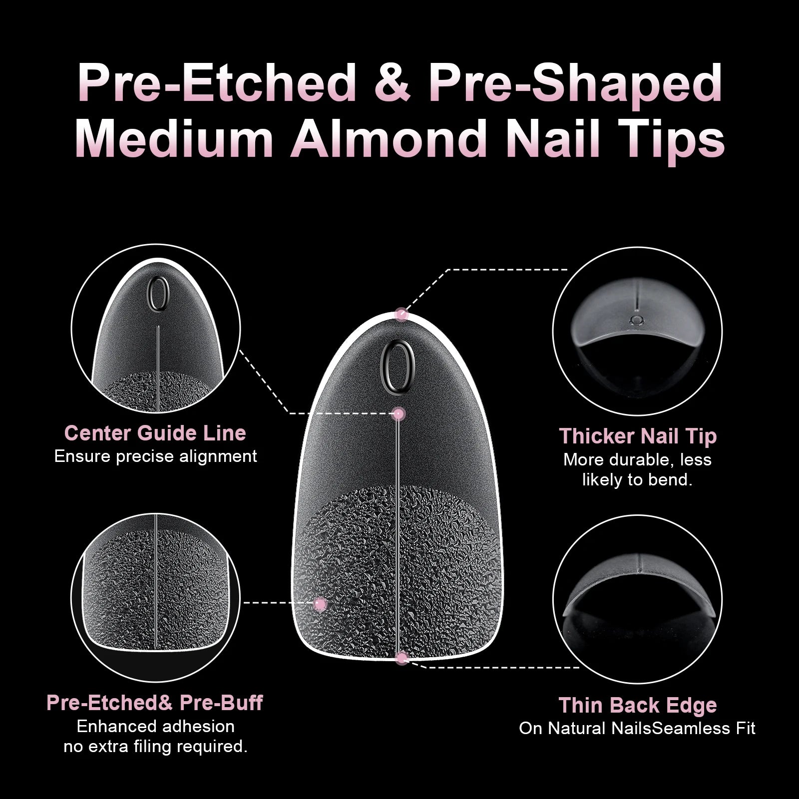 240Pcs Medium Almond Soft Gel Nail Tips Double Sided Matte Pre Etched No File Clear Full Cover Fake Nail Extensions DIY Salon