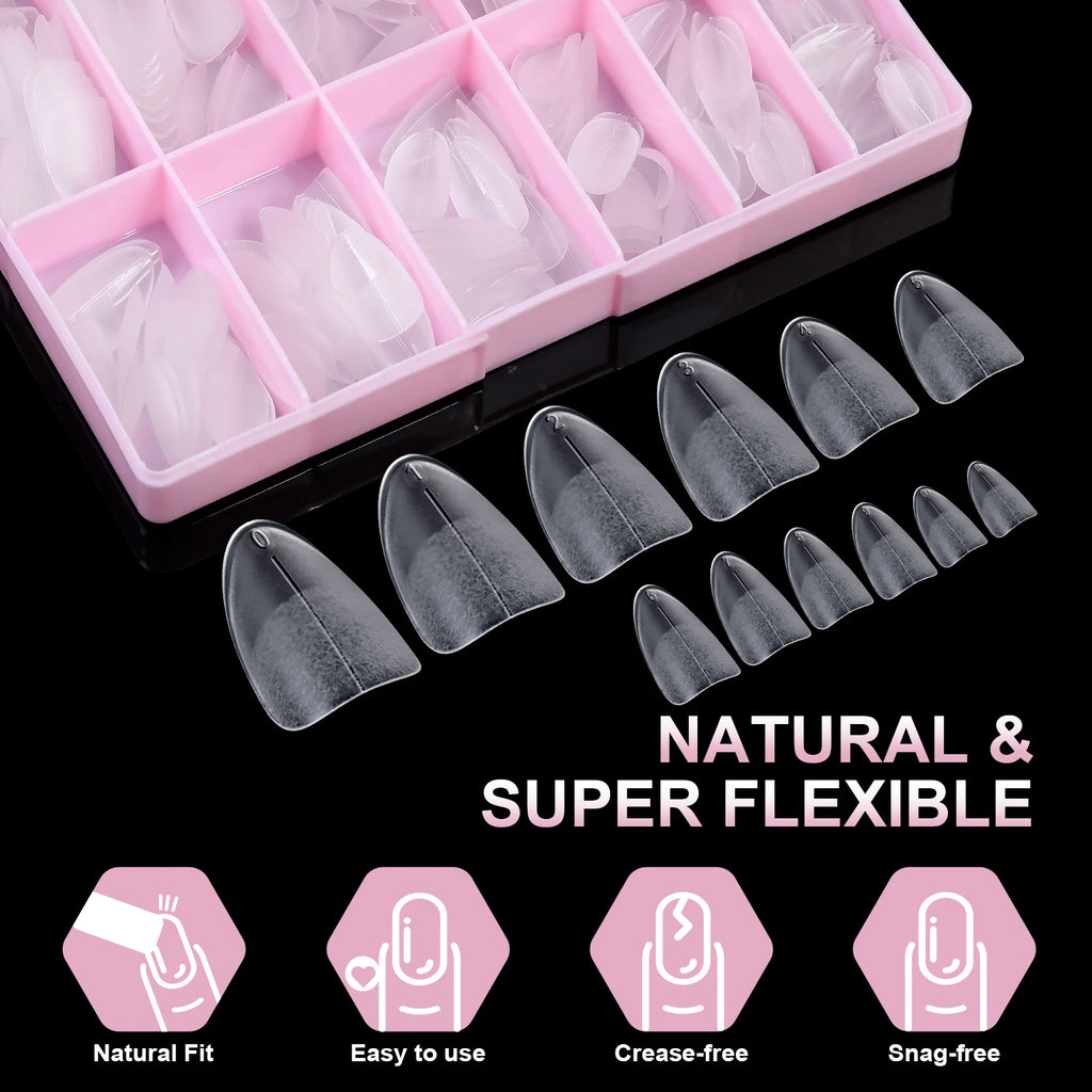 240Pcs Medium Almond Soft Gel Nail Tips Double Sided Matte Pre Etched No File Clear Full Cover Fake Nail Extensions DIY Salon