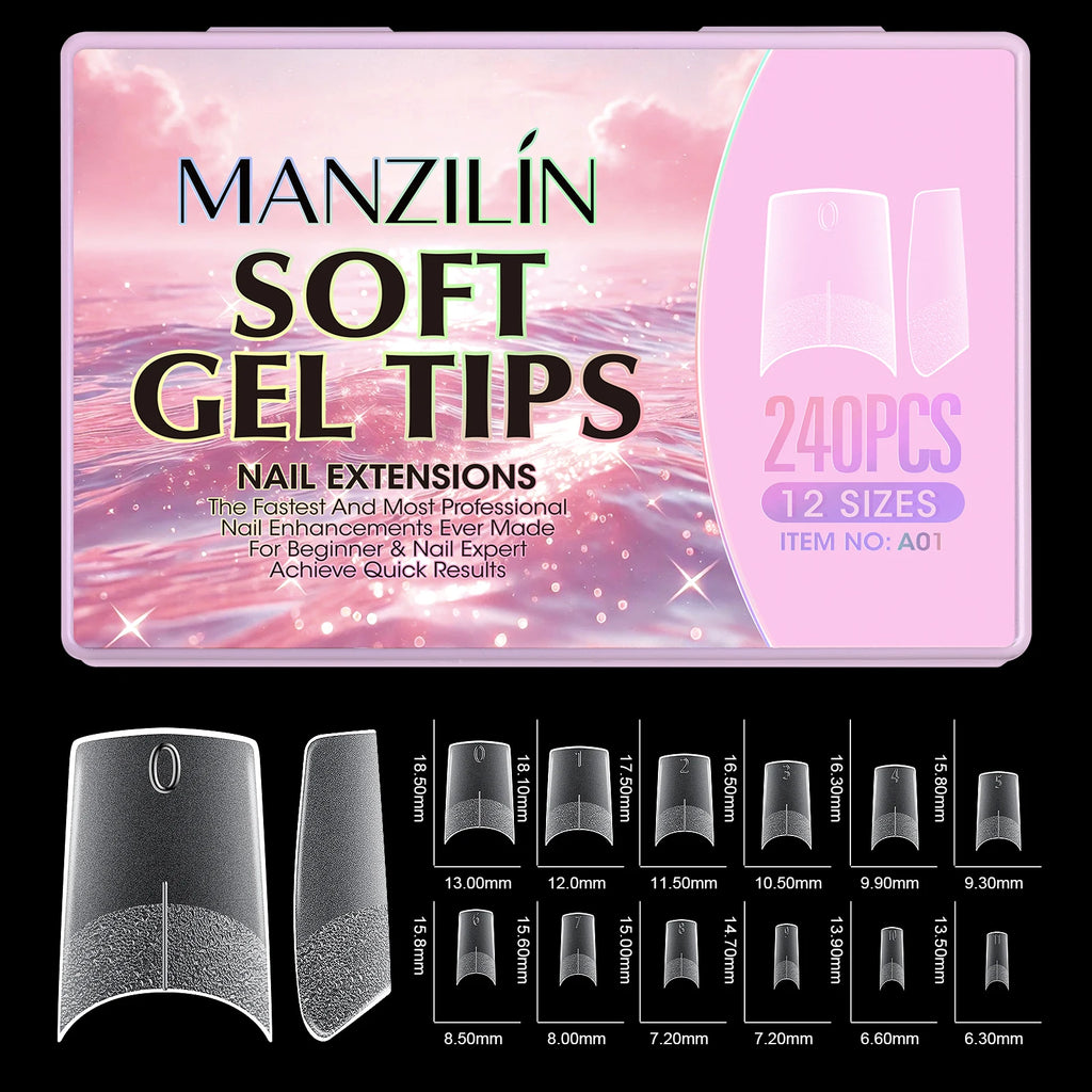240Pcs Medium Almond Soft Gel Nail Tips Double Sided Matte Pre Etched No File Clear Full Cover Fake Nail Extensions DIY Salon