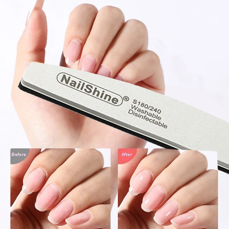 Set of 3, 5, or 10 curved (banana-style) nail files in gray and black; sponge-style, with grits ranging from coarse (100) to fine (280), suitable for manicures, pedicures, and prep for gel polish and artificial nails.