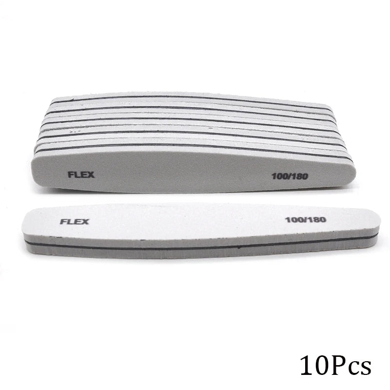 Set of 3, 5, or 10 curved (banana-style) nail files in gray and black; sponge-style, with grits ranging from coarse (100) to fine (280), suitable for manicures, pedicures, and prep for gel polish and artificial nails.