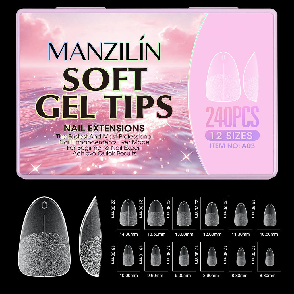 240Pcs Medium Almond Soft Gel Nail Tips Double Sided Matte Pre Etched No File Clear Full Cover Fake Nail Extensions DIY Salon