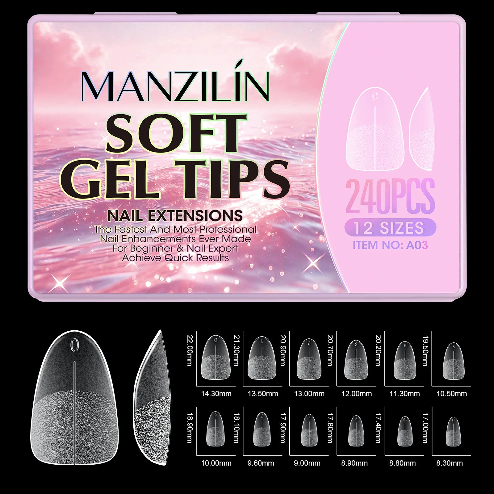 240Pcs Medium Almond Soft Gel Nail Tips Double Sided Matte Pre Etched No File Clear Full Cover Fake Nail Extensions DIY Salon