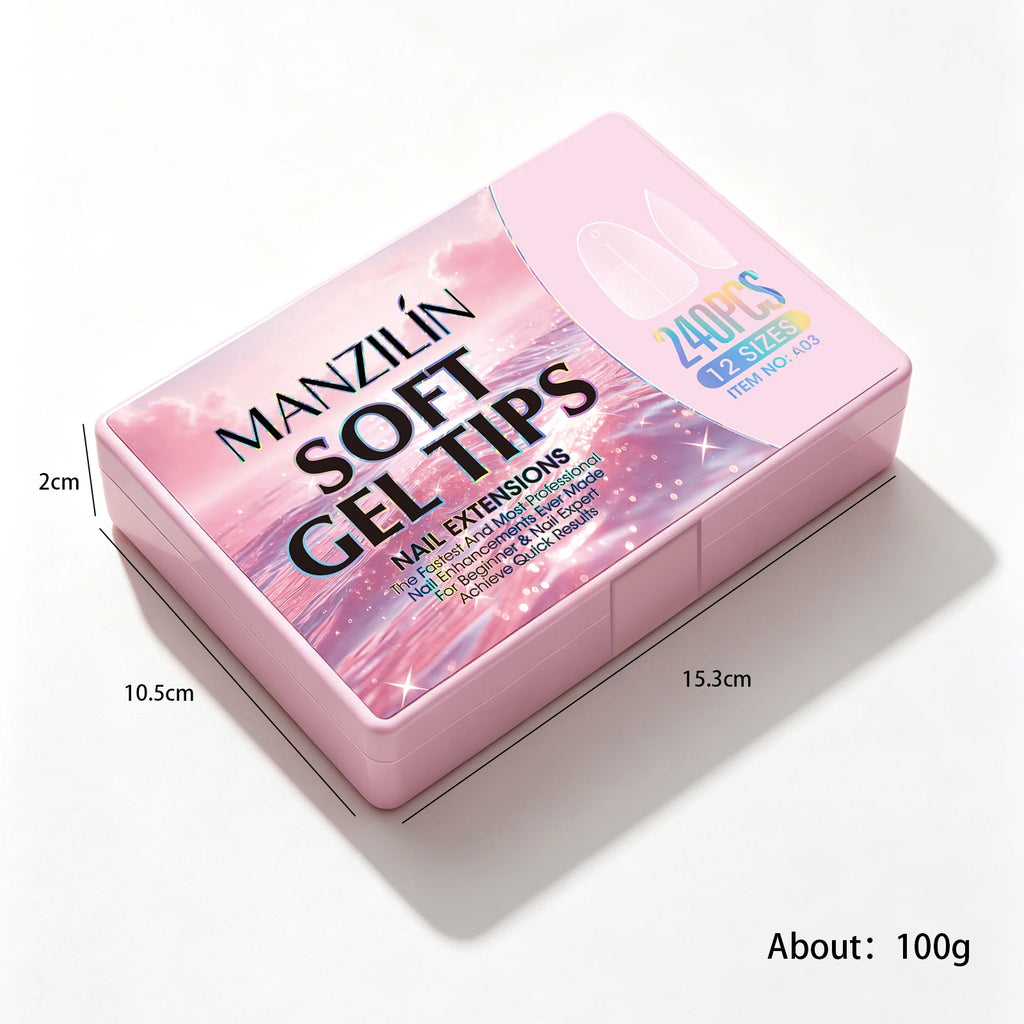 240Pcs Medium Almond Soft Gel Nail Tips Double Sided Matte Pre Etched No File Clear Full Cover Fake Nail Extensions DIY Salon