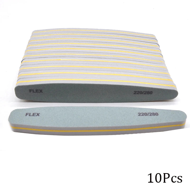 Set of 3, 5, or 10 curved (banana-style) nail files in gray and black; sponge-style, with grits ranging from coarse (100) to fine (280), suitable for manicures, pedicures, and prep for gel polish and artificial nails.