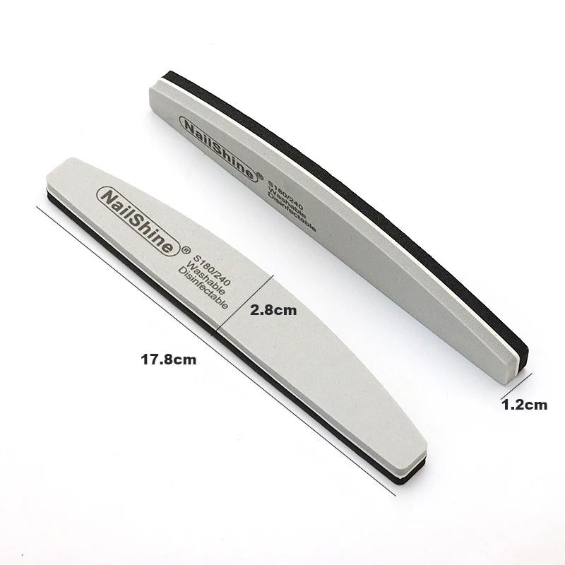 Set of 3, 5, or 10 curved (banana-style) nail files in gray and black; sponge-style, with grits ranging from coarse (100) to fine (280), suitable for manicures, pedicures, and prep for gel polish and artificial nails.