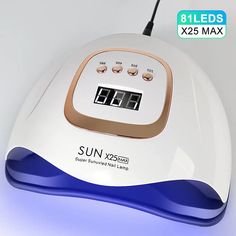 High-power UV-LED lamp with 81 LEDs for rapid nail drying and curing of all types of gel products; a high-performance professional dryer for nail extensions and salon manicures.