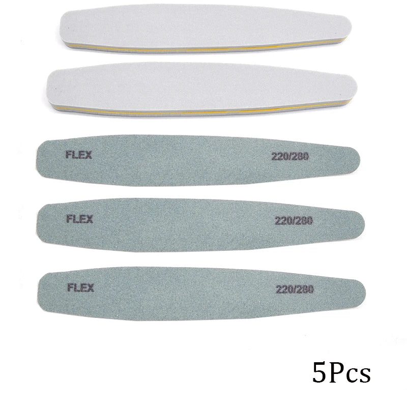 Set of 3, 5, or 10 curved (banana-style) nail files in gray and black; sponge-style, with grits ranging from coarse (100) to fine (280), suitable for manicures, pedicures, and prep for gel polish and artificial nails.