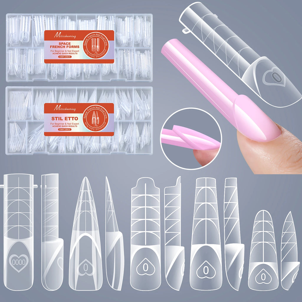 150PCS/Box French Nail Dual Forms Reusable Ultra-Thin Gel X Extension Molds Easy Pop-off Manicure Nail Tips for Salon Home DIY