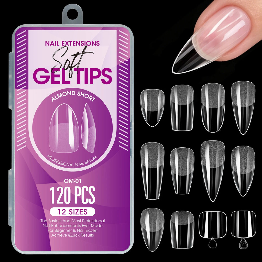 120Pcs Short Almond Soft Gel Nail Tips Pre Etched Half Matte Clear Full Cover False Acrylic Nail Extensions DIY Salon Manicure