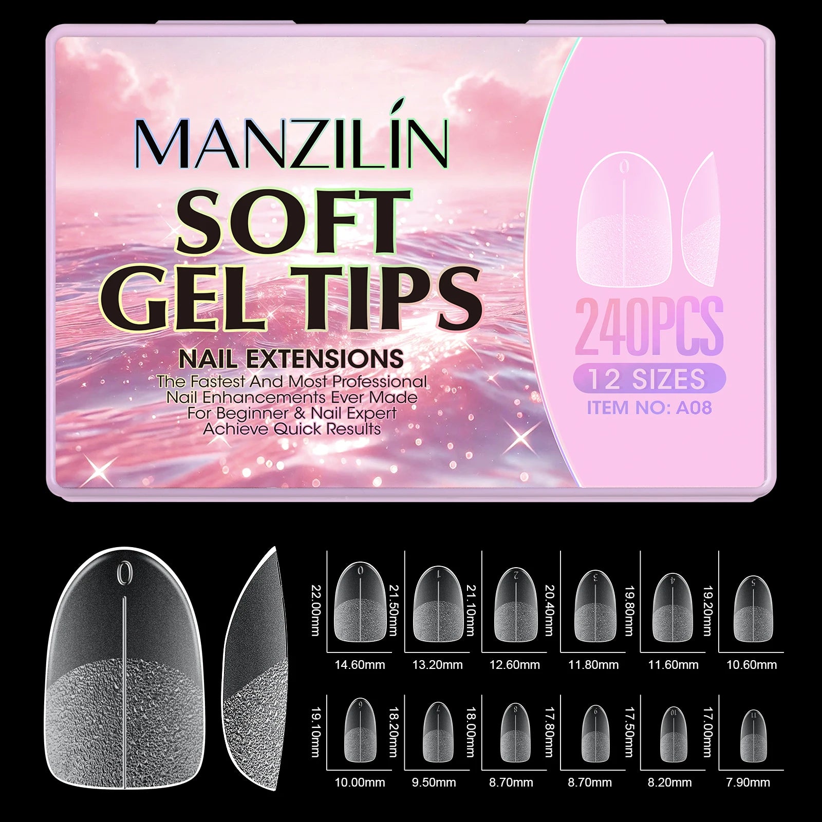 240Pcs Medium Almond Soft Gel Nail Tips Double Sided Matte Pre Etched No File Clear Full Cover Fake Nail Extensions DIY Salon