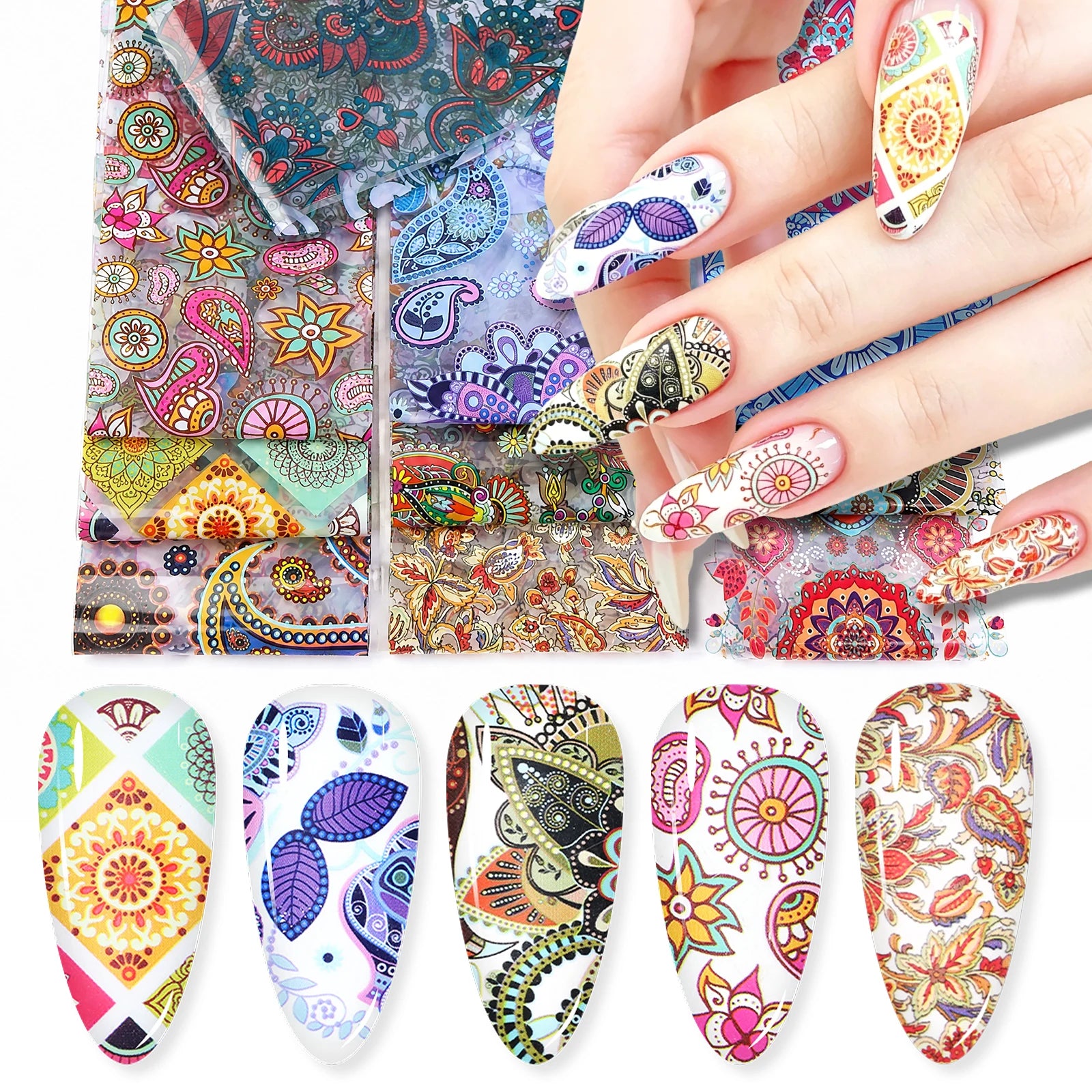 10pcs/Bag Bohemian Paisley Mandala Nail Transfer Foil Stickers Vintage Ethnic Flower Nail Art Decoration Supplies for Salon DIY