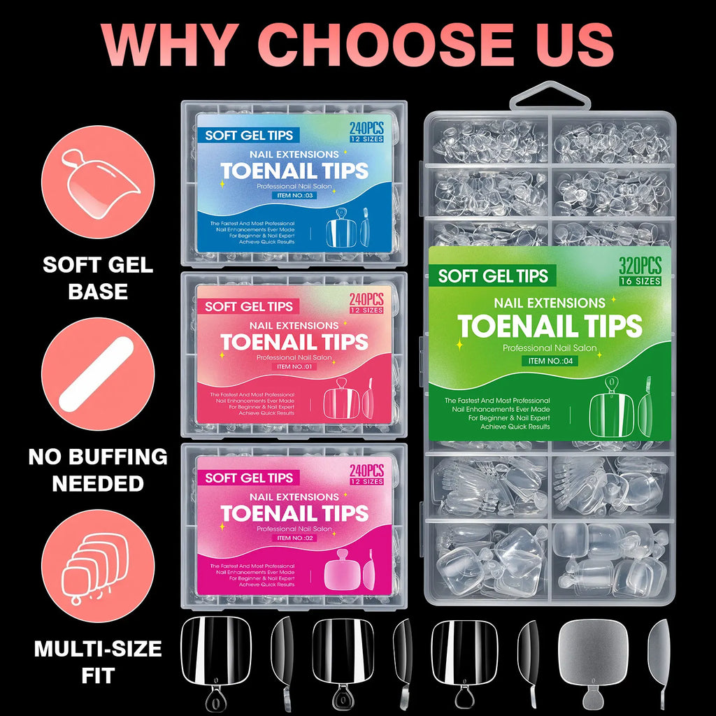 240pcs Clear Soft Gel Full Cover Fake Toenails