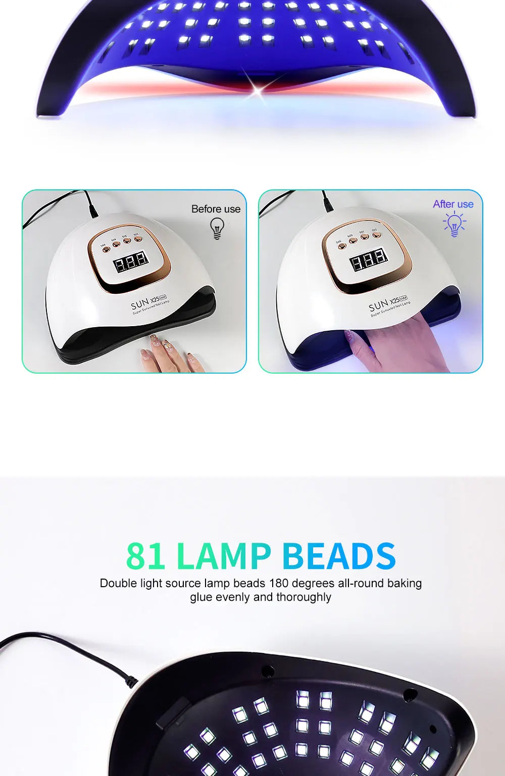 High-power UV-LED lamp with 81 LEDs for rapid nail drying and curing of all types of gel products; a high-performance professional dryer for nail extensions and salon manicures.