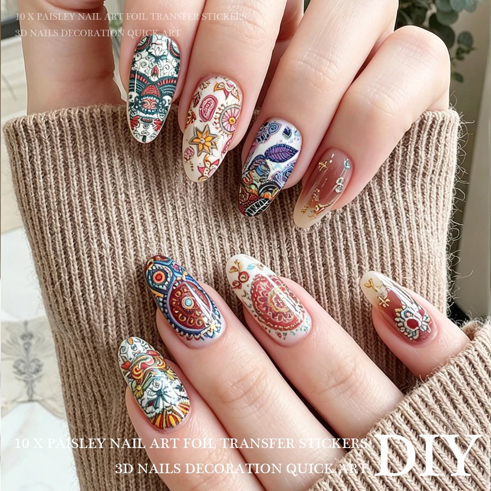 10pcs/Bag Bohemian Paisley Mandala Nail Transfer Foil Stickers Vintage Ethnic Flower Nail Art Decoration Supplies for Salon DIY