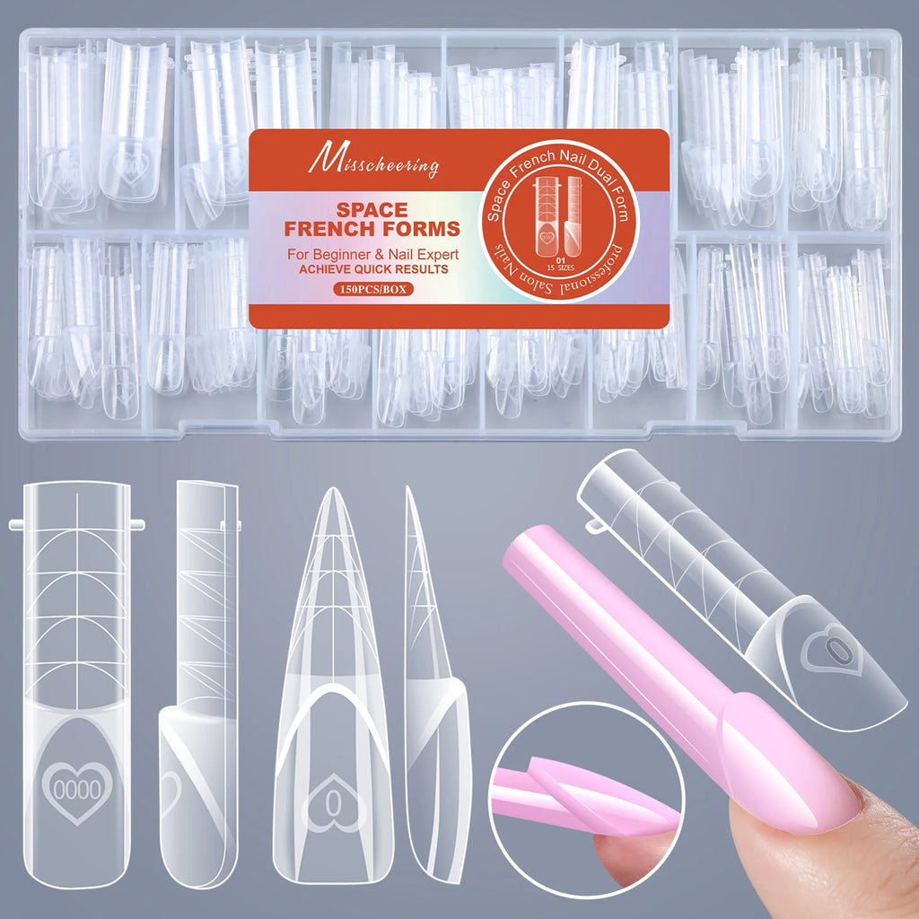 150PCS/Box French Nail Dual Forms Reusable Ultra-Thin Gel X Extension Molds Easy Pop-off Manicure Nail Tips for Salon Home DIY
