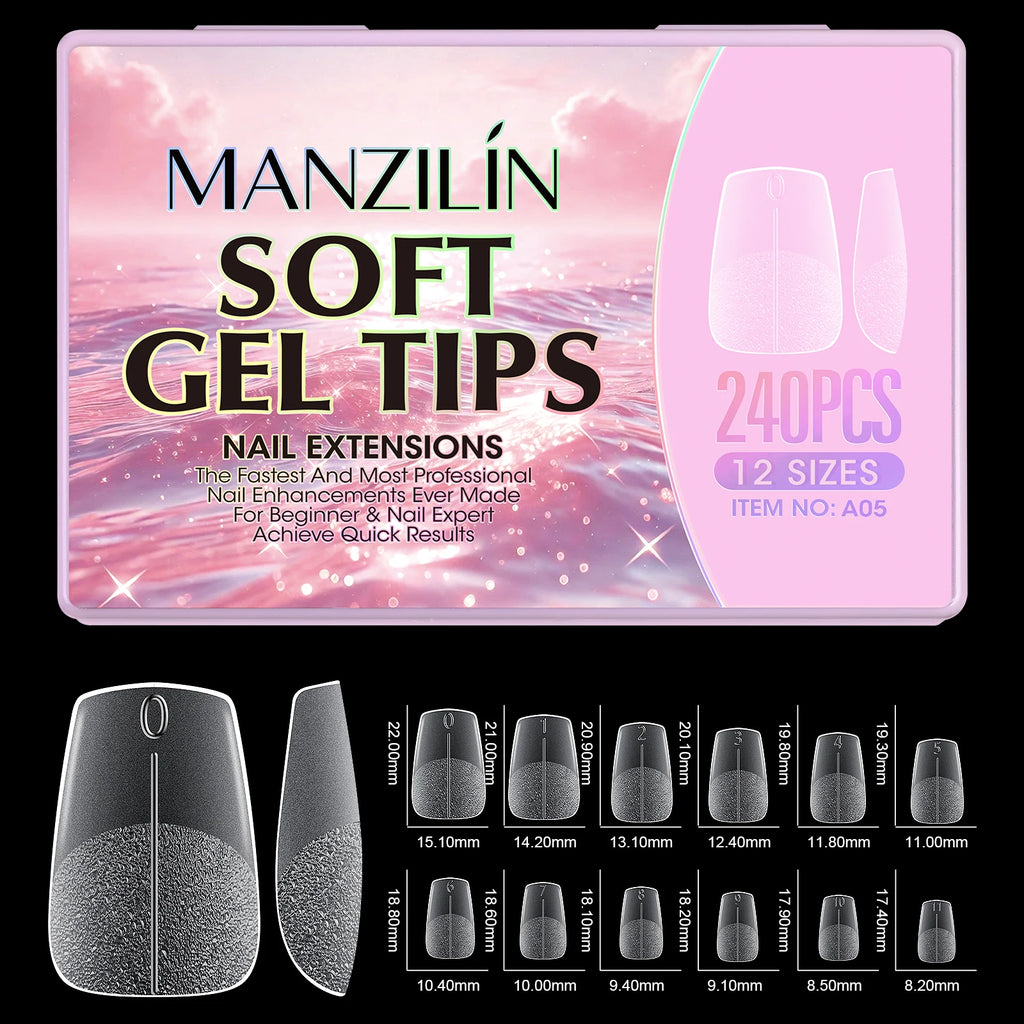 240Pcs Medium Almond Soft Gel Nail Tips Double Sided Matte Pre Etched No File Clear Full Cover Fake Nail Extensions DIY Salon