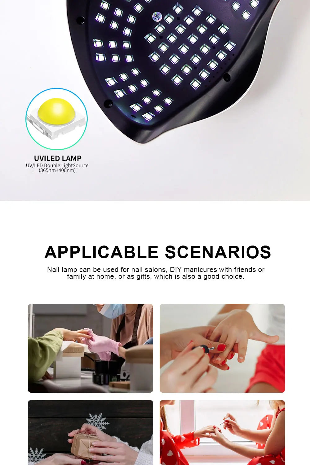 High-power UV-LED lamp with 81 LEDs for rapid nail drying and curing of all types of gel products; a high-performance professional dryer for nail extensions and salon manicures.