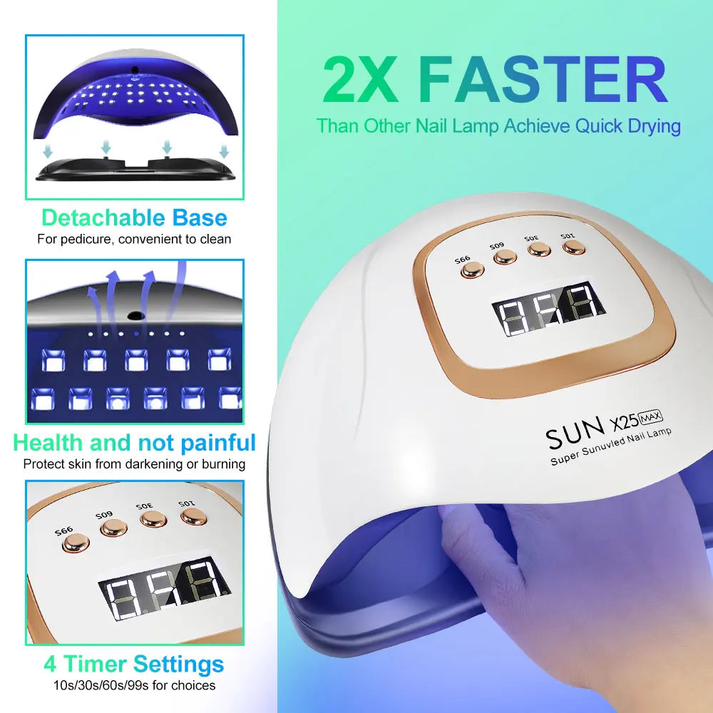 High-power UV-LED lamp with 81 LEDs for rapid nail drying and curing of all types of gel products; a high-performance professional dryer for nail extensions and salon manicures.
