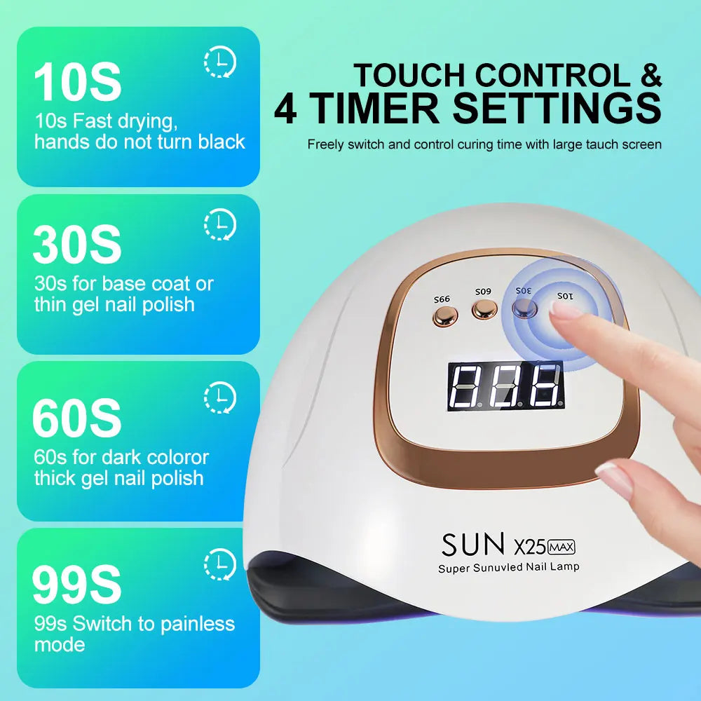 High-power UV-LED lamp with 81 LEDs for rapid nail drying and curing of all types of gel products; a high-performance professional dryer for nail extensions and salon manicures.